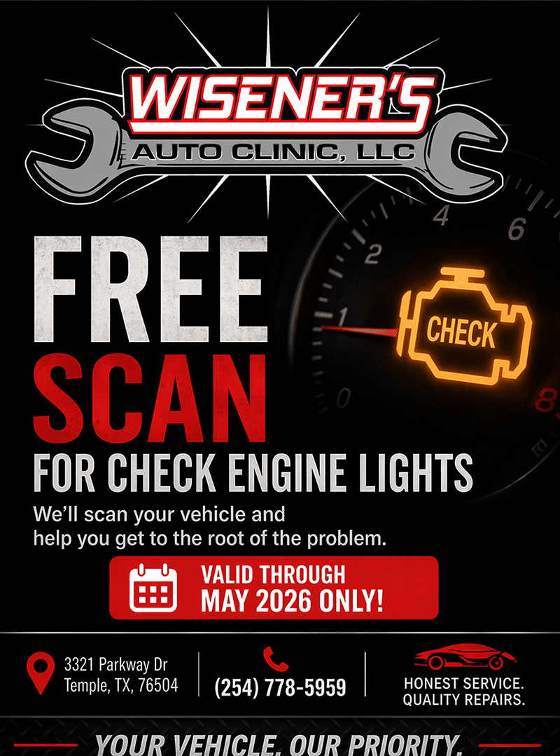 Free check engine light scan for the month of May from Wisener's Auto Clinic in Temple, TX