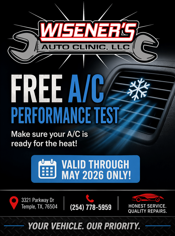 Free A/C Performance Test for the month of May from Wisener's Auto Clinic in Temple, TX